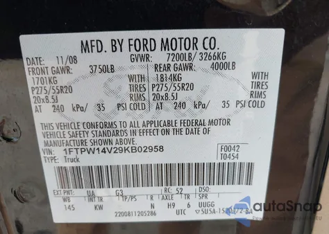 2009 Ford F-150 Fx4/King Ranch/Lariat/Platinum/Xl/Xlt z USA, uszkodzony, nr VIN 1FTPW14V29KB02958